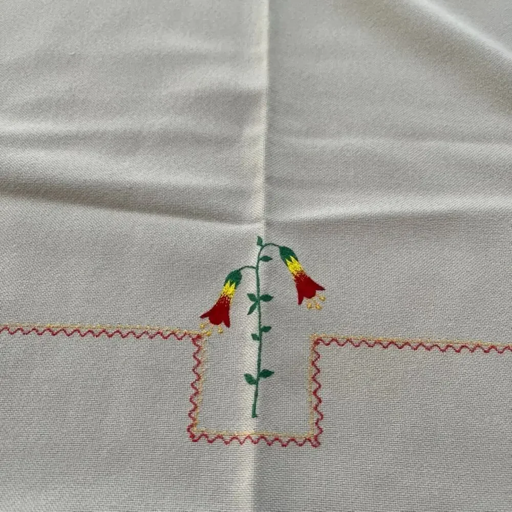 Vintage Hand-Embroidered Folk Figures & Motifs Taupe Cotton Tablecloth 52 x 70